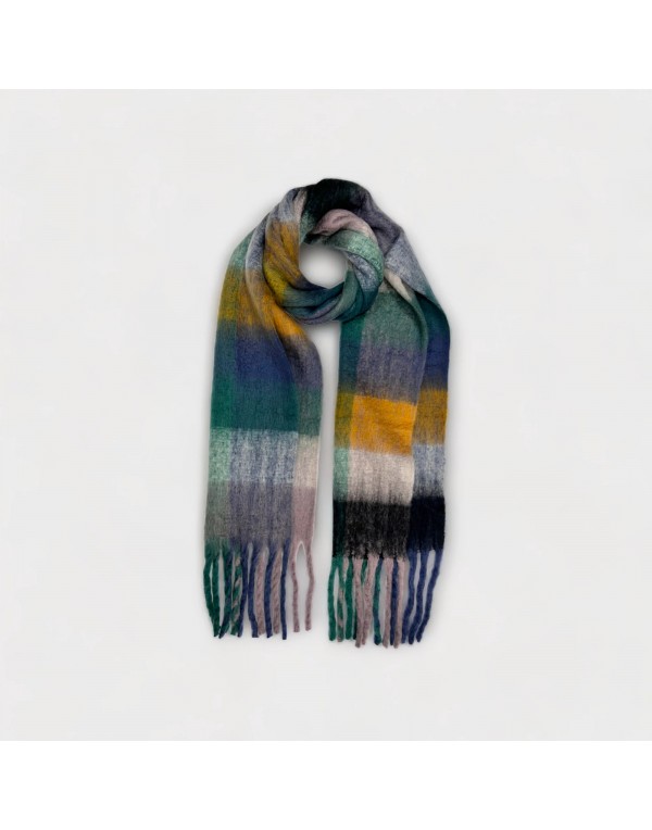 Multicheck fluffy wool seagreen scarf