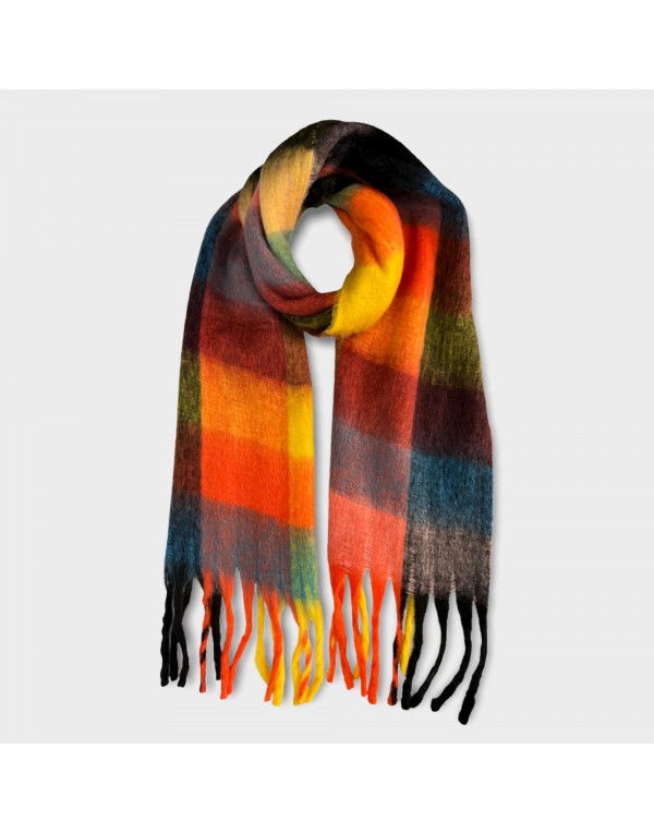 Orange multicheck fluffy wool scarf